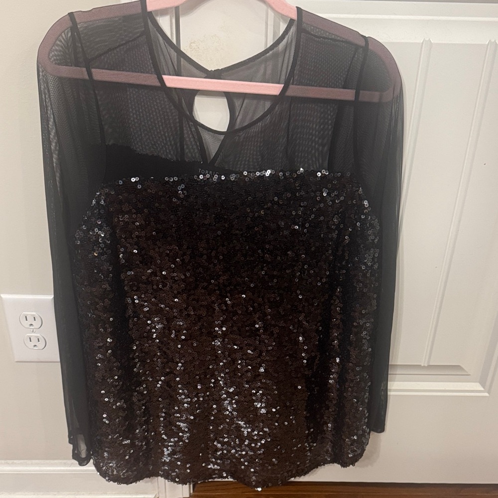 Torrid Black Mesh Blouse with Brown Sequins